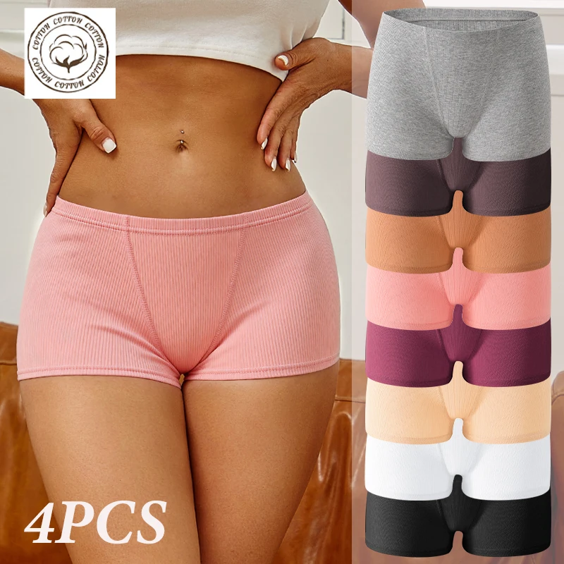 4 Stück Damen Baumwoll-Boyshorts Nahtlos Elastisch S-XXL Unterwäsche Hohe Taille Atmungsaktive Slips Weiche Einfarbige Sport-Boxershorts