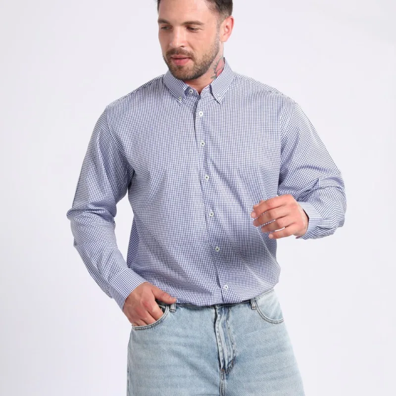 

Мужская рубашка с длинным рукавом в клетку, на пуговицах, из эластичной немнущейся ткани