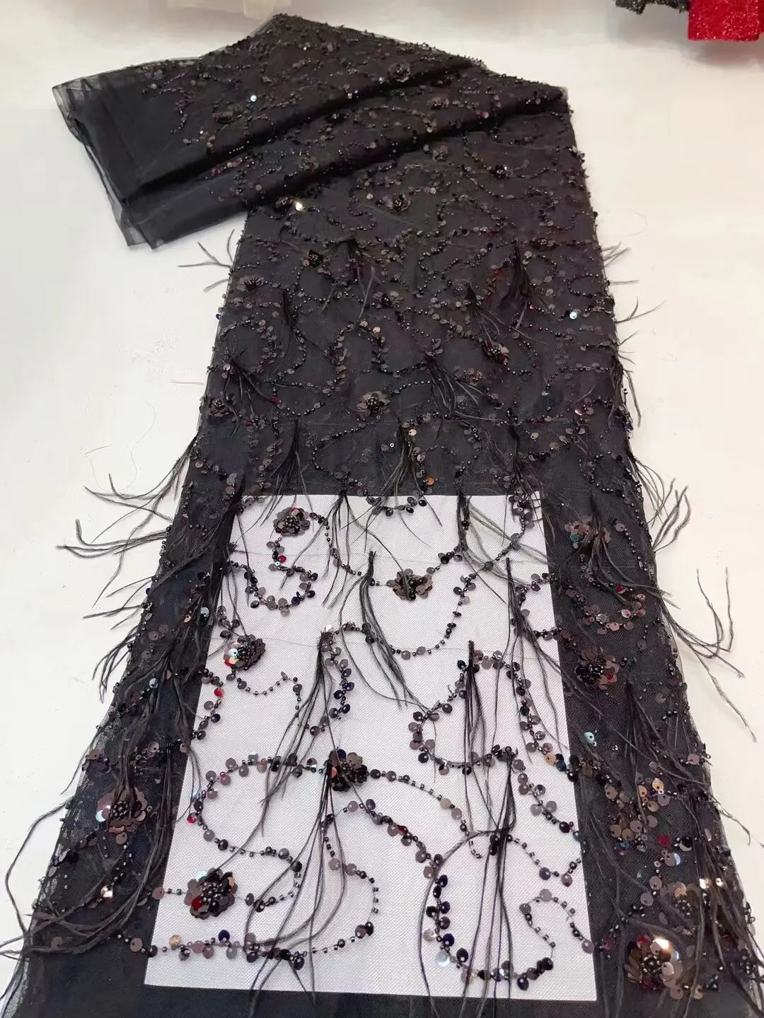 

2023 Black 3D Feather Lace Fabric With Pearls High Quality French Heavy Bead Tulle African Fabric For Wedding Party Dress Sewing