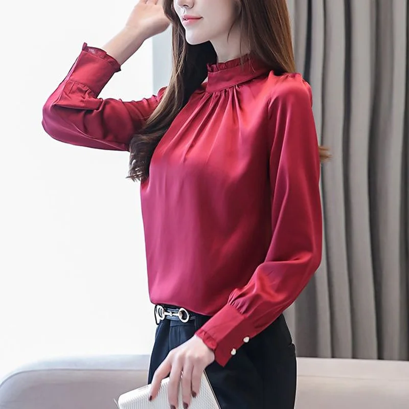 Office Lady Solid Color Blouse Spring Autumn New High Neck Pleated Plus Size All-match Shirt Tops Elegant Fashion Women Clothing
