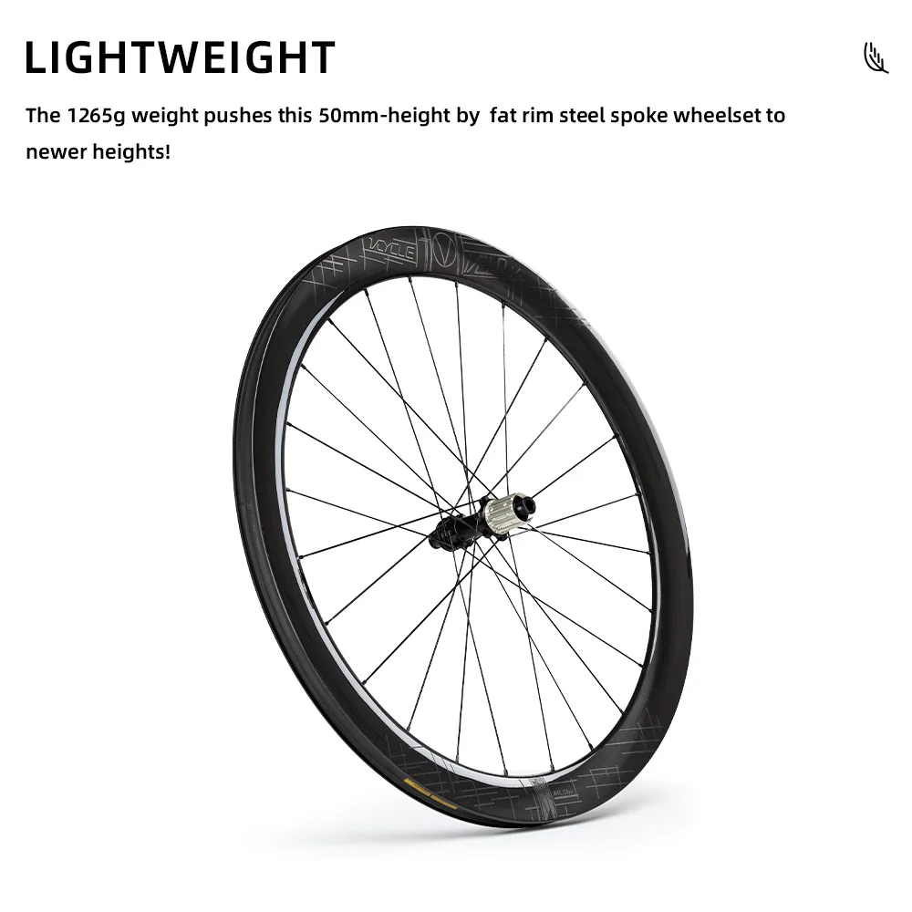 2024 ONIRII VCYCLE Road Carbon Wheels 50 High Rim Steel Spoke Fat Rim 24 Hole Ultra Light With Hooked Edge HG for Road Bicycle