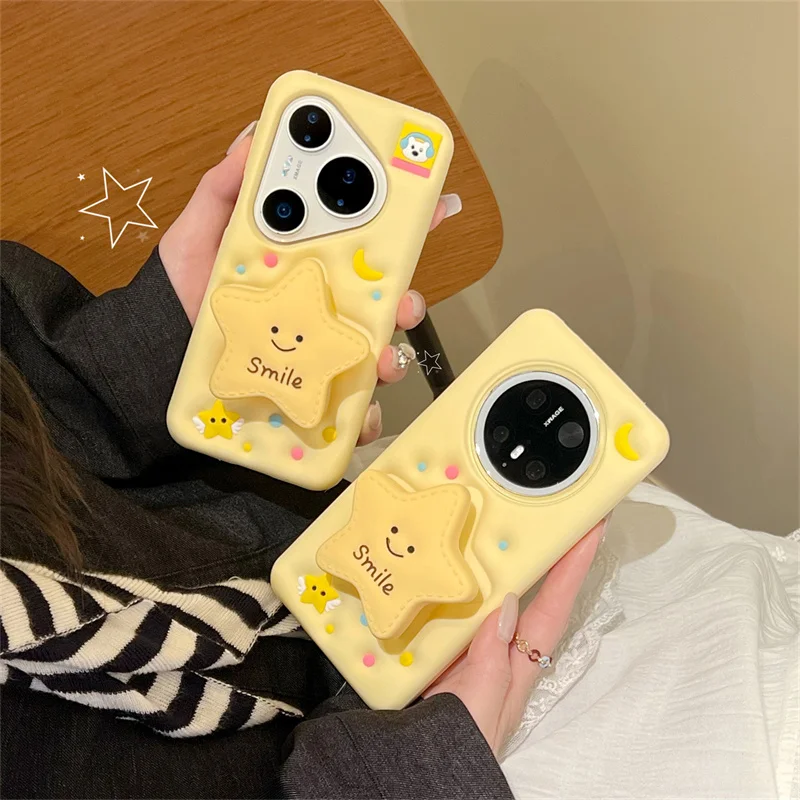 

Cartoon Yellow Star Silicone Protection Cover For Huawei Pura80 Pura70 Mate70 Mate60 P80 Pro Cute Patterns fold bracket girl