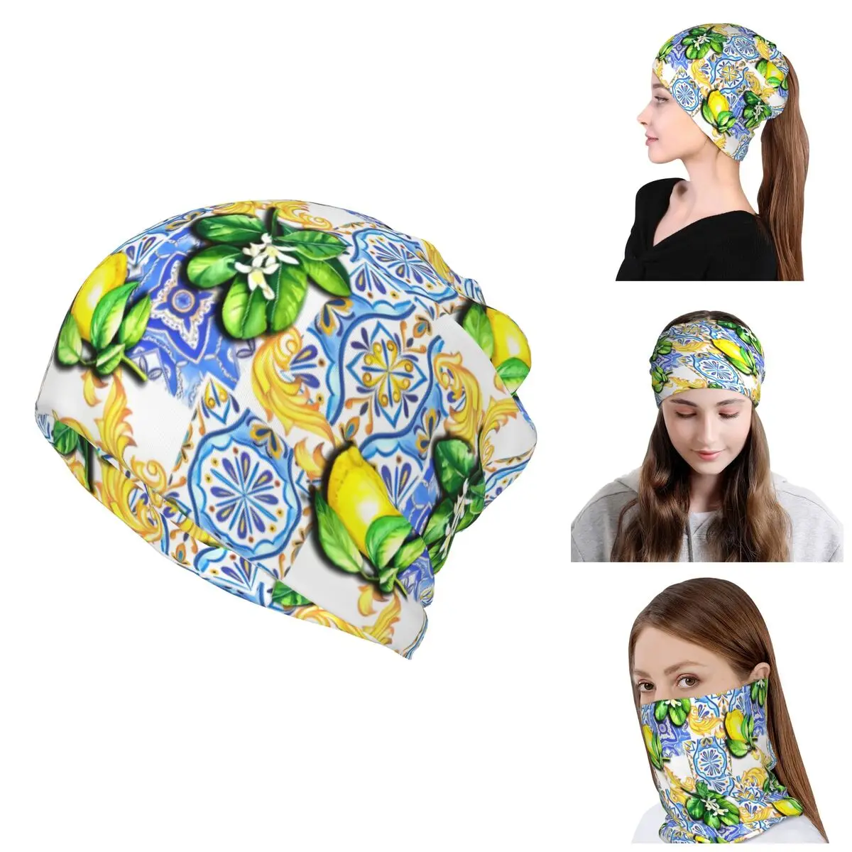 Custom Blue Tiles Lemons Summer Fruit Bandana Neck Gaiter for Hunting Women Men Wrap Scarf Headband Warmer Skullies Beanies Caps