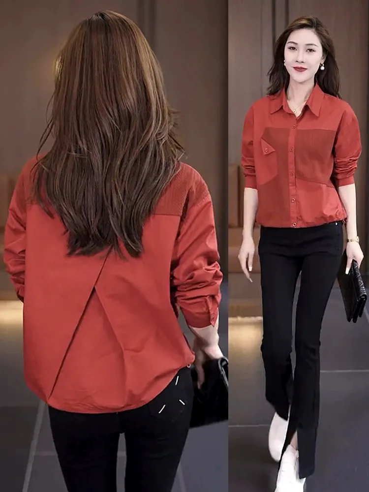 

Весенняя женская рубашка с длинным рукавом, свободный крой, модный красный топ, премиум-комплект для женщин, с воротником, новинка лета 2024