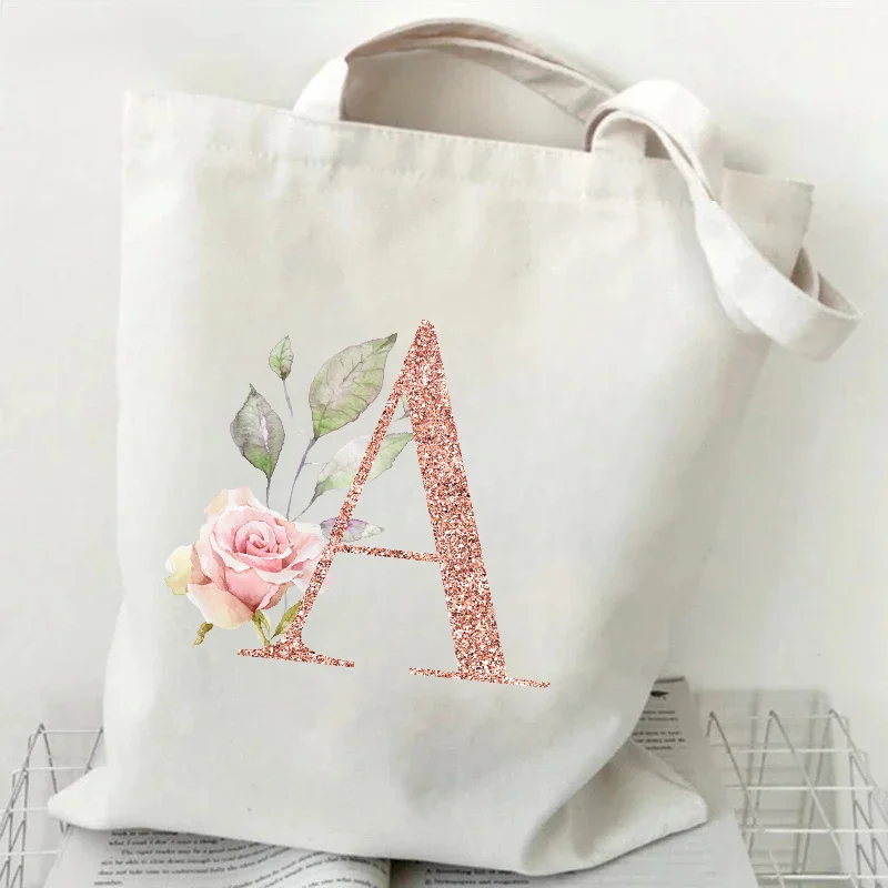 

A-Z Rose Floral Alphabet Print Canvas Tote Bag—Daily Commuter Shoulder Bag, Large Capacity Reusable Shopping Bag