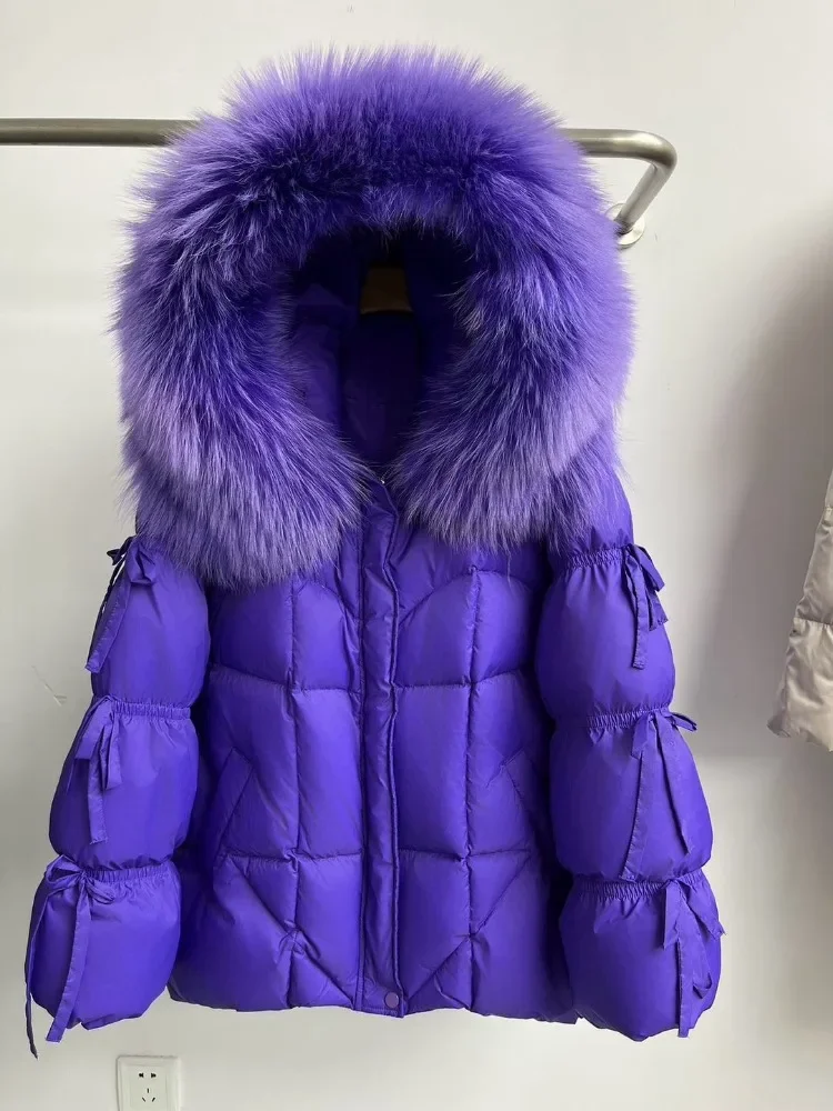 Nova moda feminina roupas de inverno gola de pele de raposa natural puffer jaqueta grosso quente branco ganso para baixo casaco de pele real parker