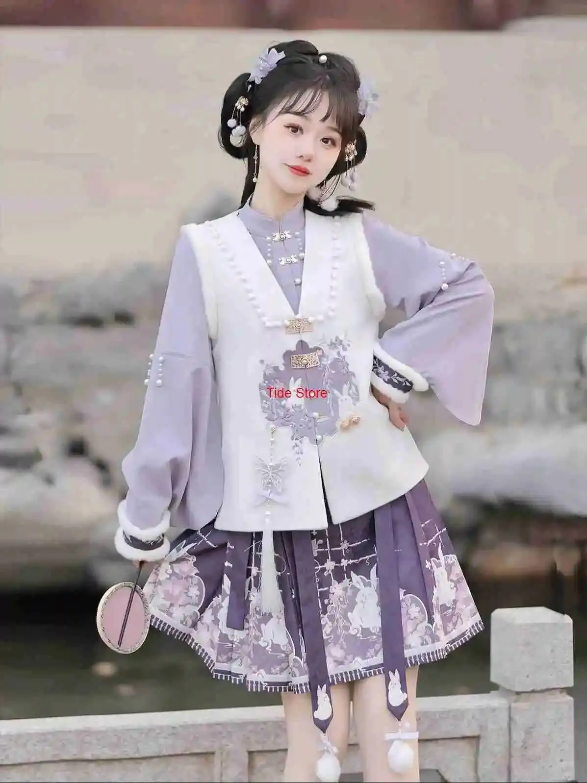 

Пушистый кролик Hanfu для женщин, модифицированный жилет с элементами Хань и комплект юбки Mamian, милый новогодний наряд, рождественское платье