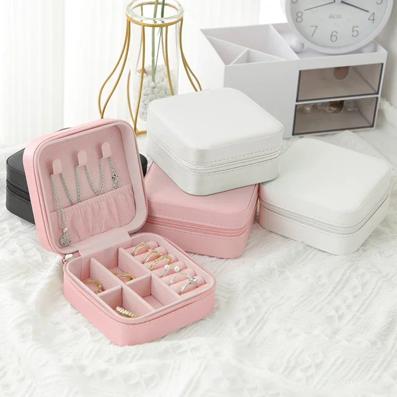 1pcs Mini Jewelry Single Layer Storage Box Ladies Travel Leather Jewelry Box Black Pure White Pink Storage Box