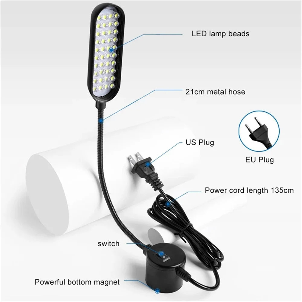 Black Led Sewing Light  40 Leds Flexible Gooseneck AC100-240V With Magnetic Base Switch on/off for Drill Presses Craft