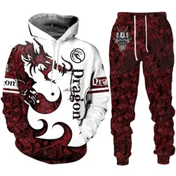 Hoodie Set Retro Dragon Tattoo 3D Print Men Tracksuit Casual Oversized Loose Pullover suit pants streetwear Fashion Man Clothing