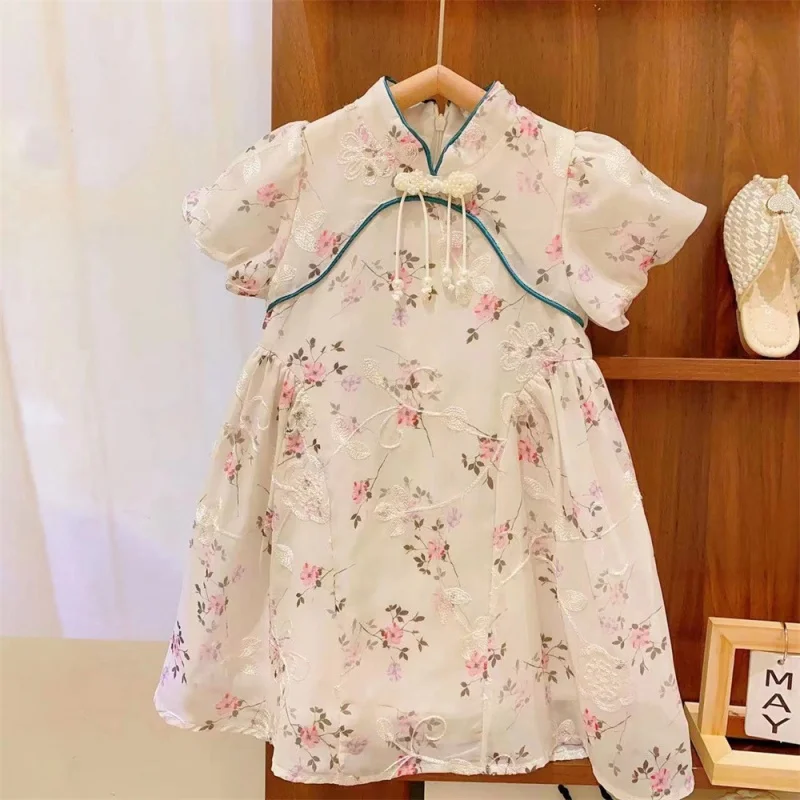 New Girl's National Style Improved Stand Collar Vintage Embroidered Chinese Knot Buckle Cheongsam Dress2024Children Summer Cloth