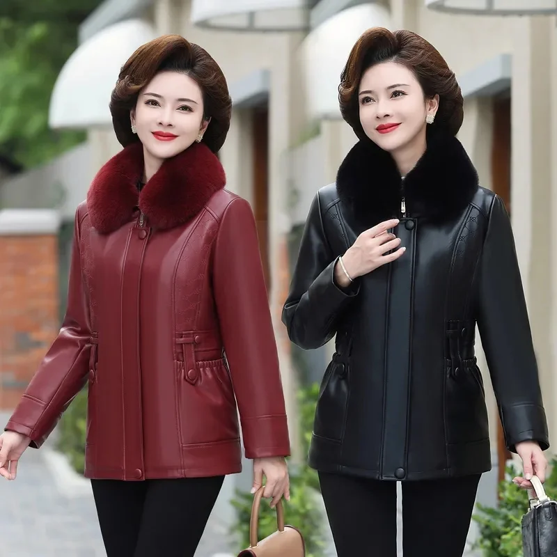 Mom PU Leather Coats New Fashion Ladies Middle-Aged Old-Aged Jacket Autumn Winter Outwear Add Velvet Padded Short Overcoat Women