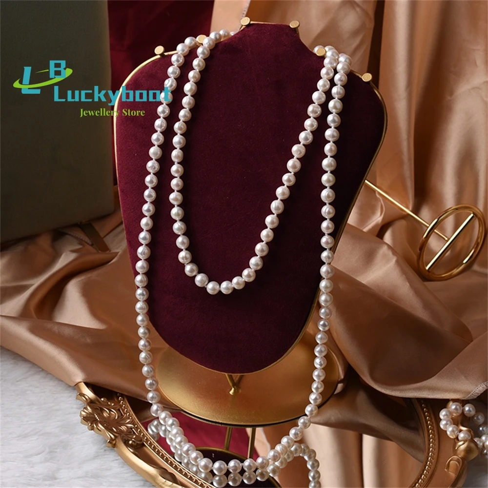 Natural Freshwater Real Pearl Sweater Chain Necklace Long Multi-layer 8mm Near-circle Thread Glare Jewelry