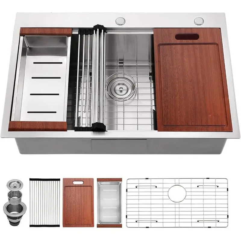 33" x 22" Stainless Steel Drop-In Workstation Sink, 18-Gauge Handmade Single Bowl Kitchen Sink with R10 Rounded Corners &