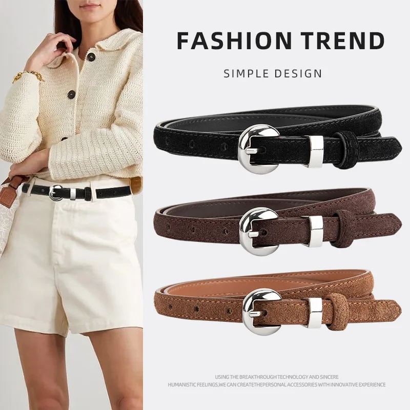 

Retro and Trendy Leather Women's Fine Belt Frosted Silver Pin Buckle High-end Jeans Paired with Accessory Women's Luxury Belt