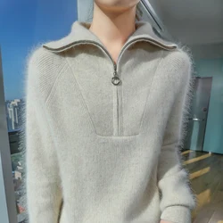 100% Mink Cashmere Zipper Lapel Pullover Sweater for Women's 2024 Autumn and Winter New Sweater Knitted Top Casual Versatile