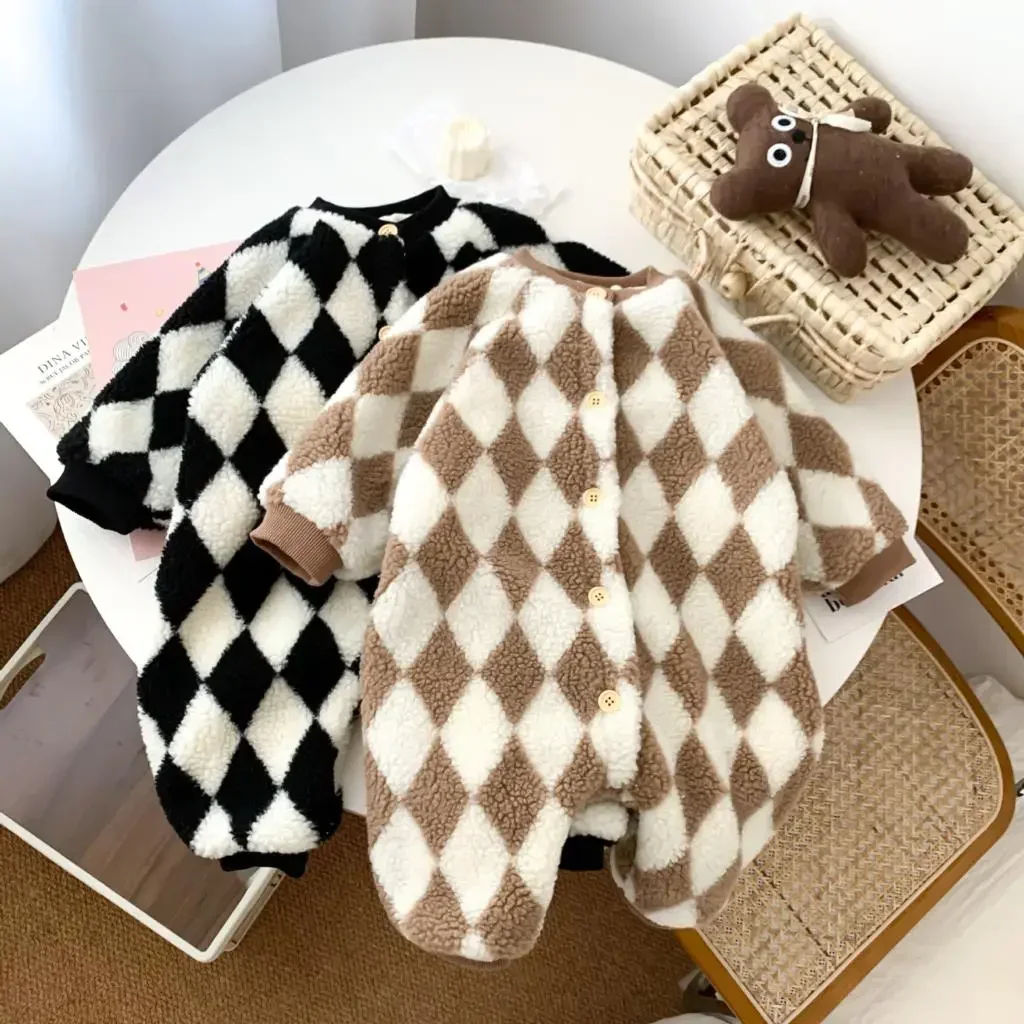 

Korean Baby Winter Crawling Suit Plush Thickened Argyle Infant Boys Jumpsuit Plus Velvet Quilting Toddler Boys Parkas