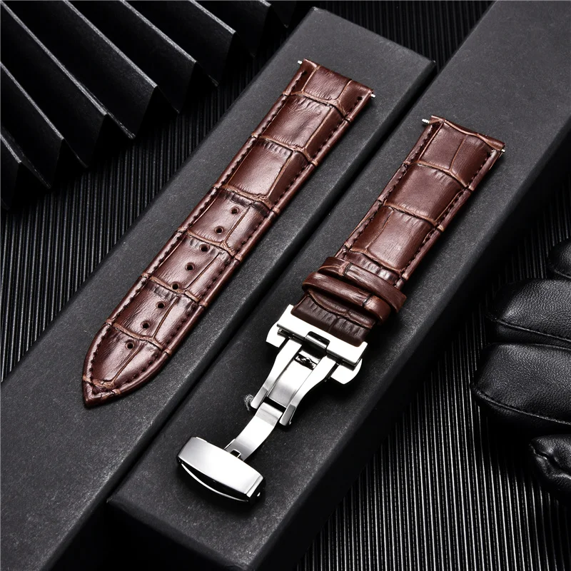 Business Genuine Leather Watchband with Butterfly Buckle Bracelet for Men\'s Watches 18mm 20mm 22mm 24mm Watch Straps