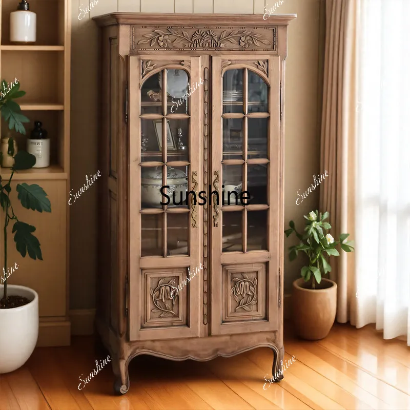 French retro solid wood bookcase villa living room old carved locker