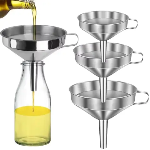 3 Sizes Stainless Steel Kitchen Funnel Food Grade Metal Funnel with Strainers Wide Mouth Funnel for Canning Kitchen Tools