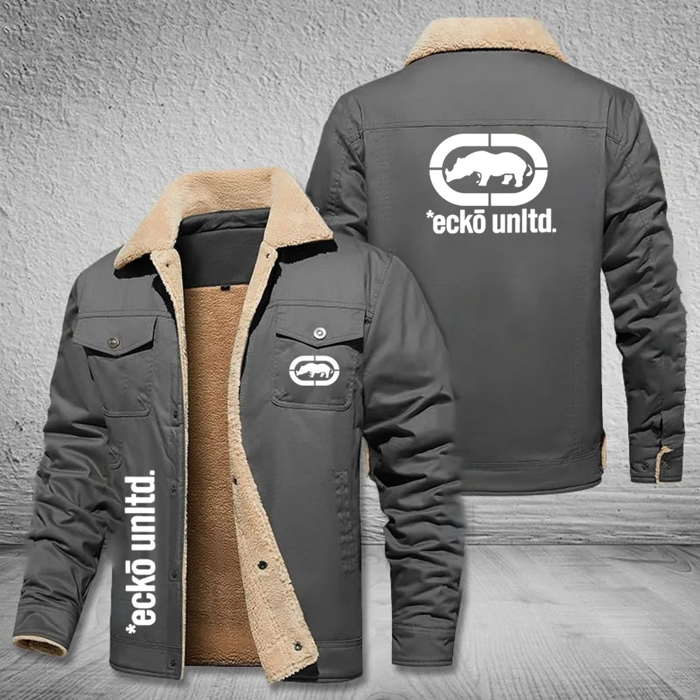 Men Fleece Lined Sherpa Collar Jacket Ecko Unltd Rhino Logo Thick Warm Winter Cargo Coat Hip Hop Streetwear Casual Outerwear