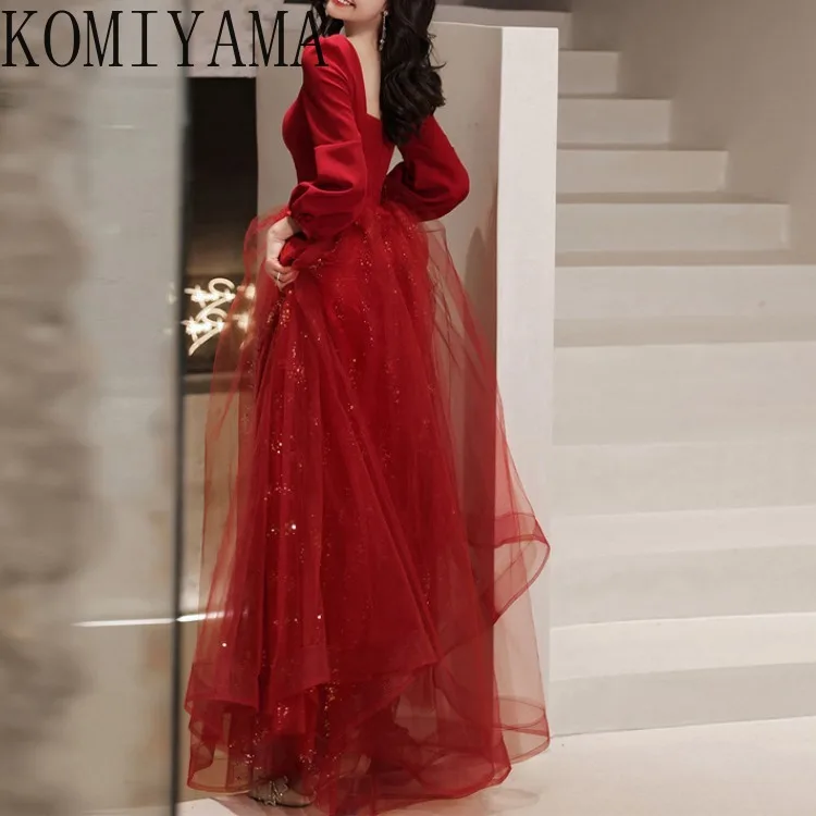 Customized Bride 2024 New Red Summer Elegant Prom Dresses Long Sleeve Backless Square Collar Wedding Party Dress Mesh Design Eve