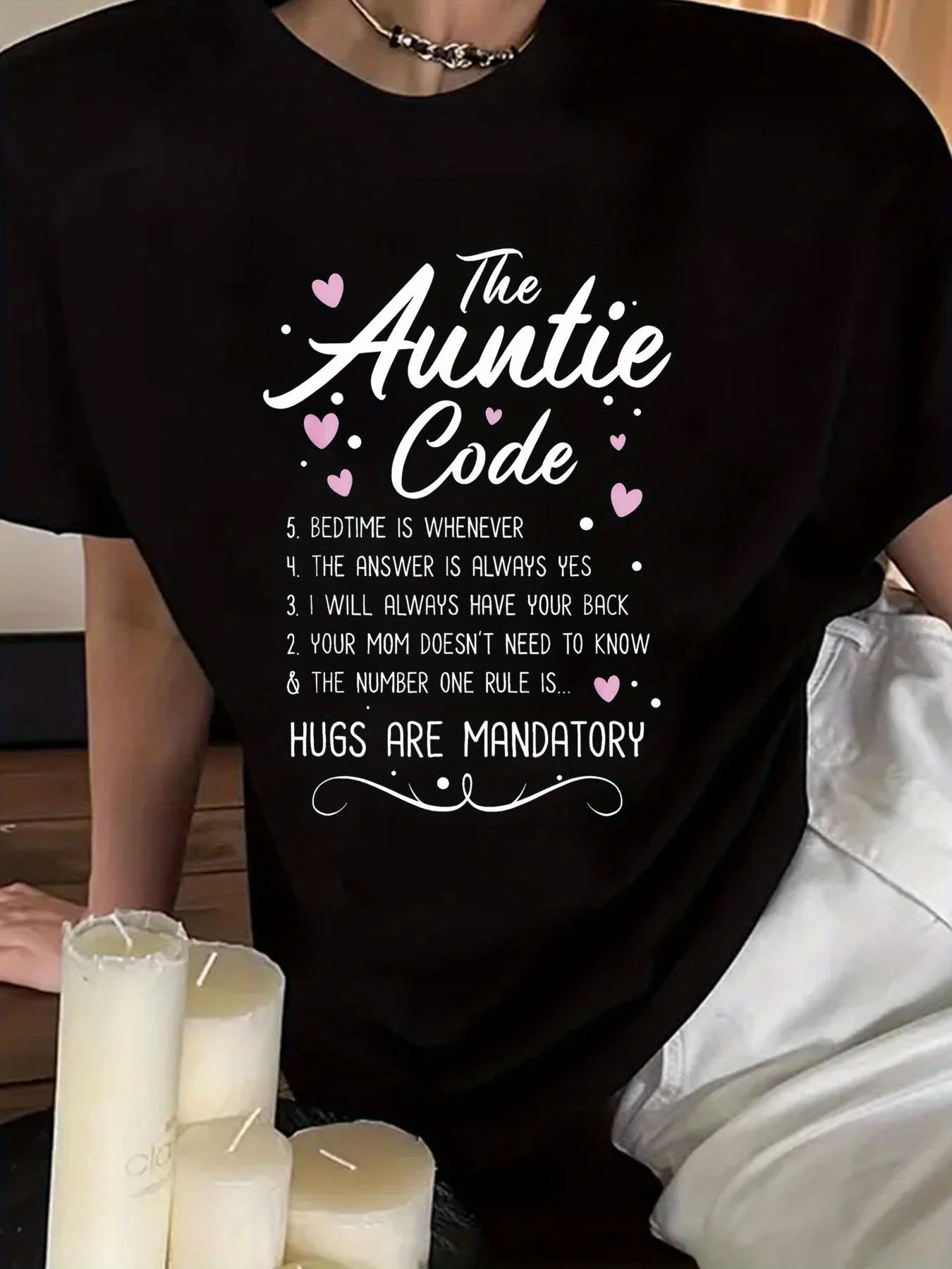 Women Casual Polyester Auntie Code Graphic Tee Heart Design Short Sleeve Round Neck Lightweight Breathable Ladies T Shirt