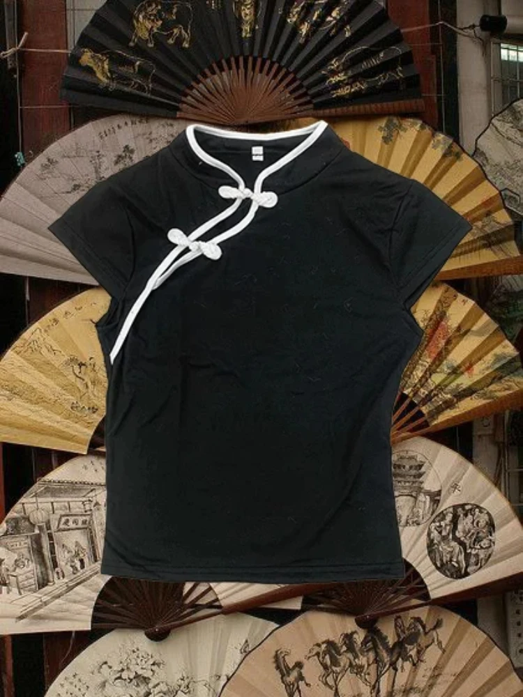New Chinese Style Buckle Classics Niche Design Aesthetics T-shirt Fashionable Slim Cheongsam Collar Short Sleeved Tops For Women