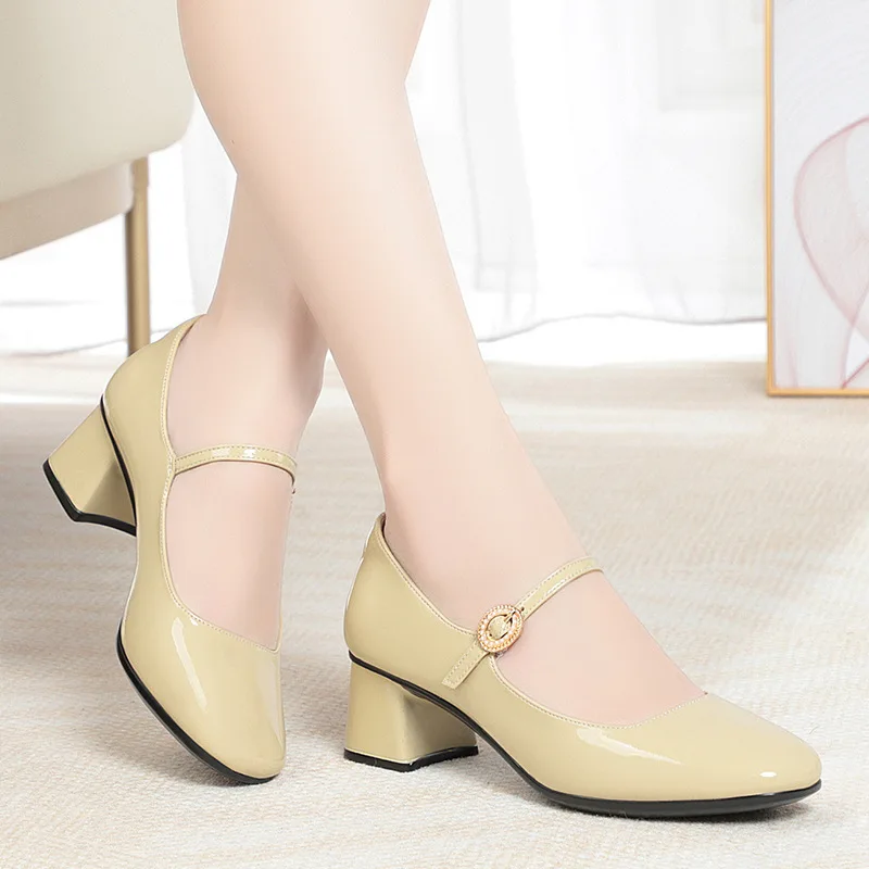 5cm Vintage Shallow Leather Shoes donna Mary Janes 2024 Spring Med Block Heels Shoes nero per Office Mom Dance Work