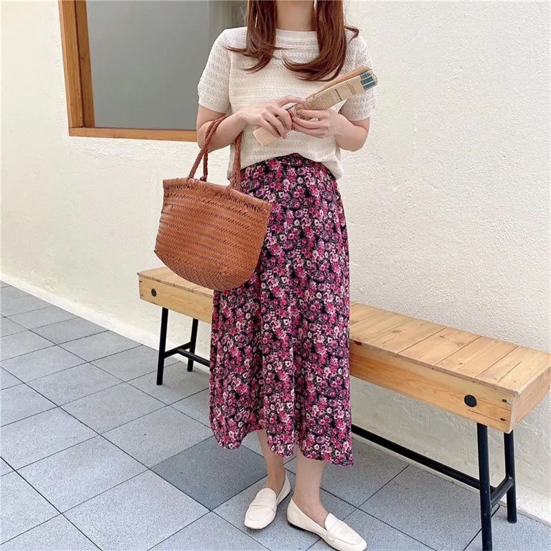 Gaganight Women Skirts Floral Printed Stretch High Waist Spring Summer 2025 Vintage Loose Elegant Female Long Skirt Casual