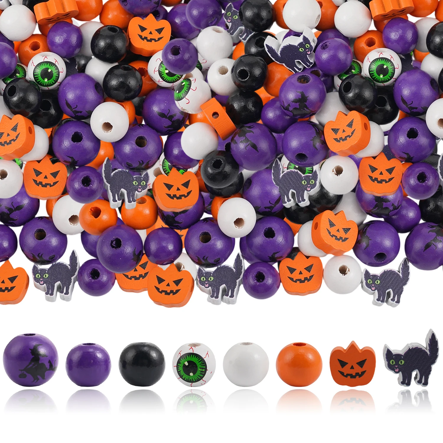 Halloween Wooden Beads Pumpkin Black Cat Witch Eyeball Pattern Mixed Color Round Wood Beads DIY Garland Jewelry Party Craft Deco