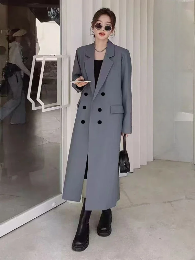 

202, весенне-осенний женский новый свободный однотонный длинный плащ-блейзер, пальто в корейском стиле, универсальное повседневное пальто высокого качества