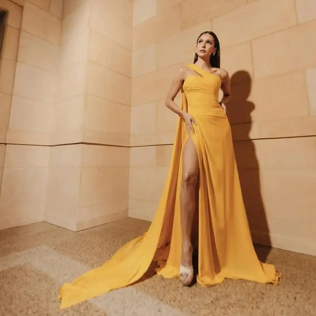 Ofherown Yellow One-Shoulder Ruched High-Slit Cape Evening Gown Women Formal Prom Dress with Train for Party Red Carpet