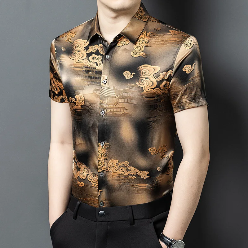 

High Quality Real Silk Men's Short Sleeve Shirt Youth Fashion Trends Printed Casual Loose Thin
