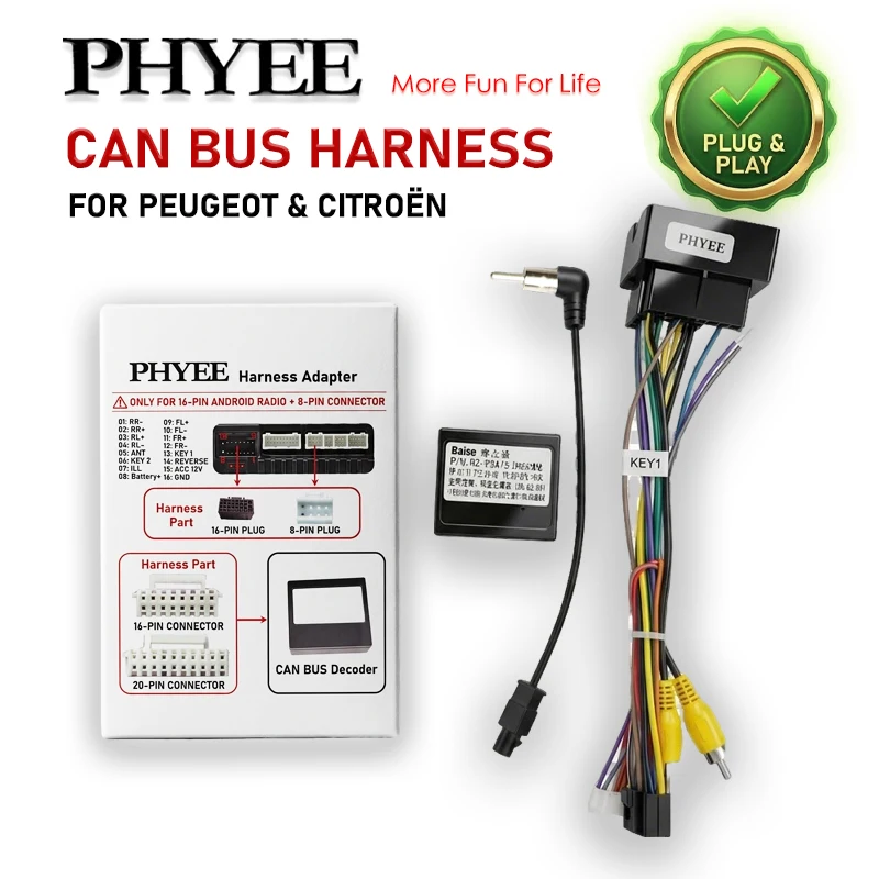CAN Bus Harness for Peugeot 207 208 308 Citroen C3 C4, 40Pin Quadlock Adapter with Decoder, SWC Retention,16Pin Android Cable