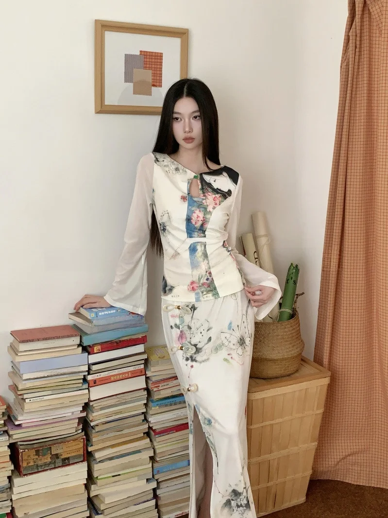 

New Chinese Sle Retro Me Print Top Long Sve Waterdrop Collar Spring Autumn T-irt f Skirt Set Women's Hanfu