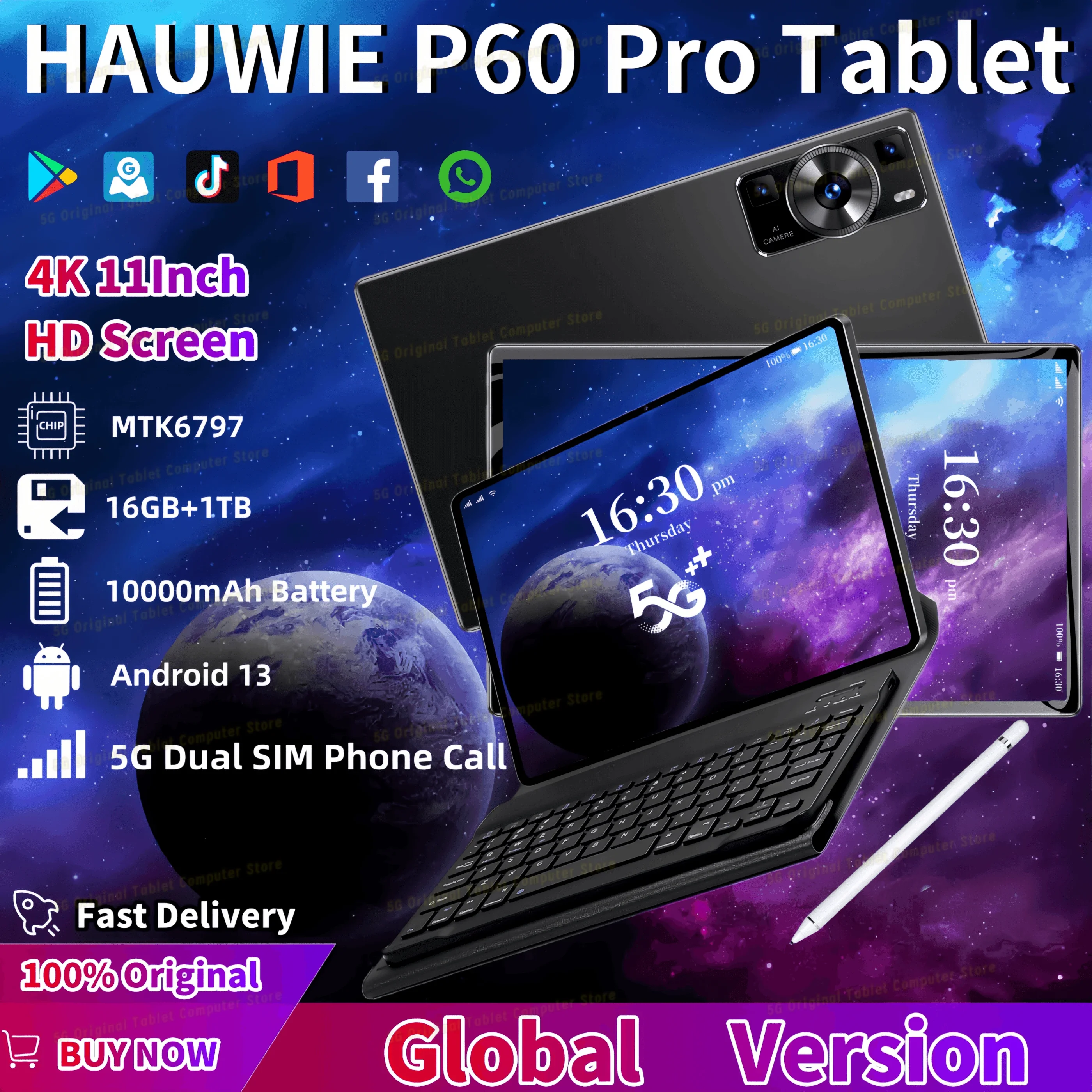 

Планшет HAUWEI P60 Pro на Android 13, 16 ГБ + 1 ТБ, 11 дюймов, 4K, 10000 мАч