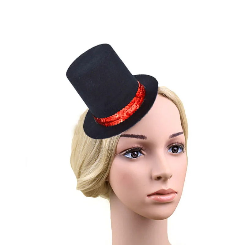 Women Girls Red Sequin Black Mini Top Hat Hair Clip  Birthday Party Carnival  Base Cap DIY Craft  Wear Wedding Festival