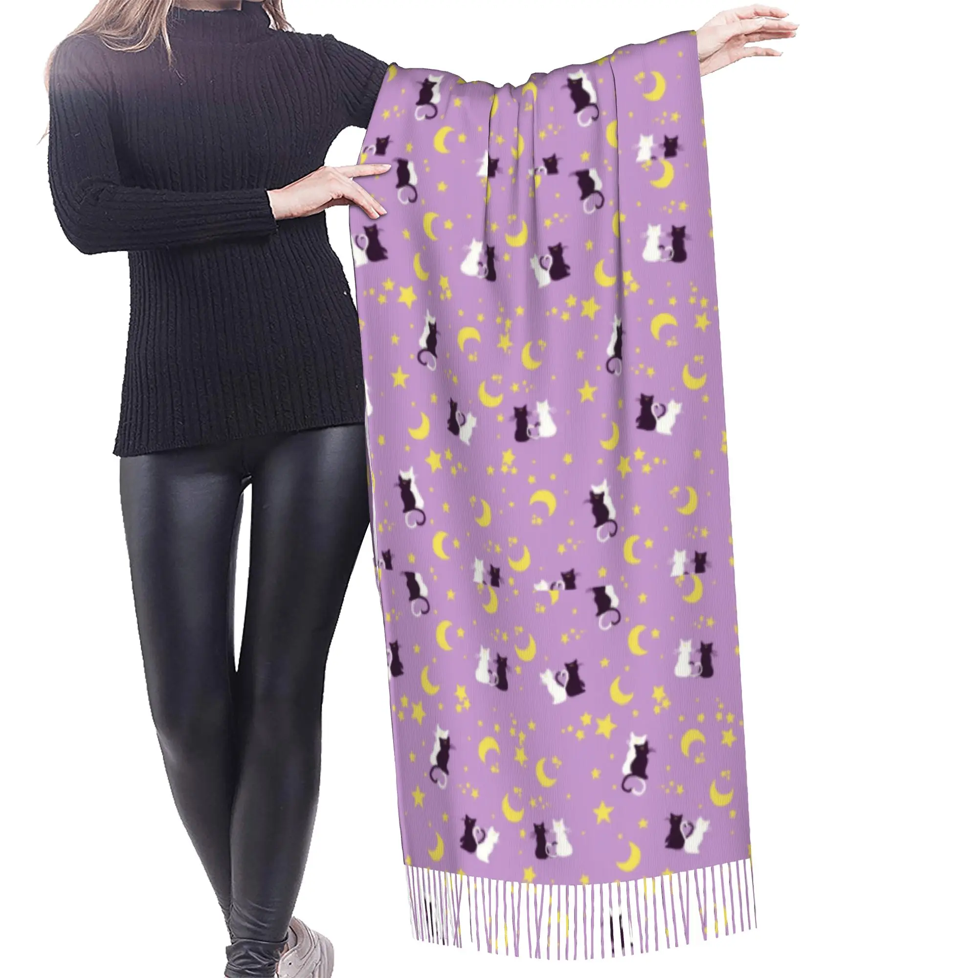 Custom Ladies Large Sailored Manga Anime Mooned Scarves Women Winter Fall Soft Warm Tassel Shawl Wraps Usagi Tsukino Luna Scarf