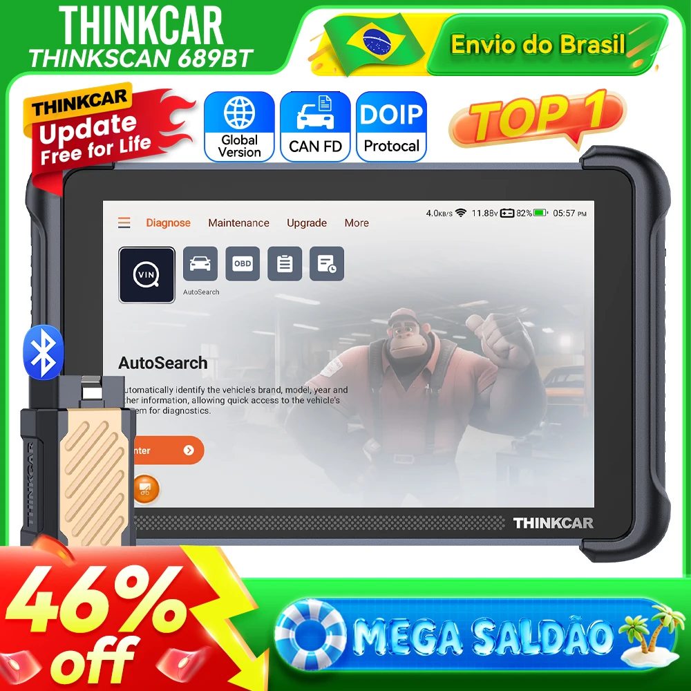Atualização Gratuita Vitalícia THINKCAR THINKSCAN 689BT Diagnóstico OBD2 Diagnóstico de Todos os Sistemas Codificação de ECU Bidirecional 35 Funções de Redefinição CANFD DOIP