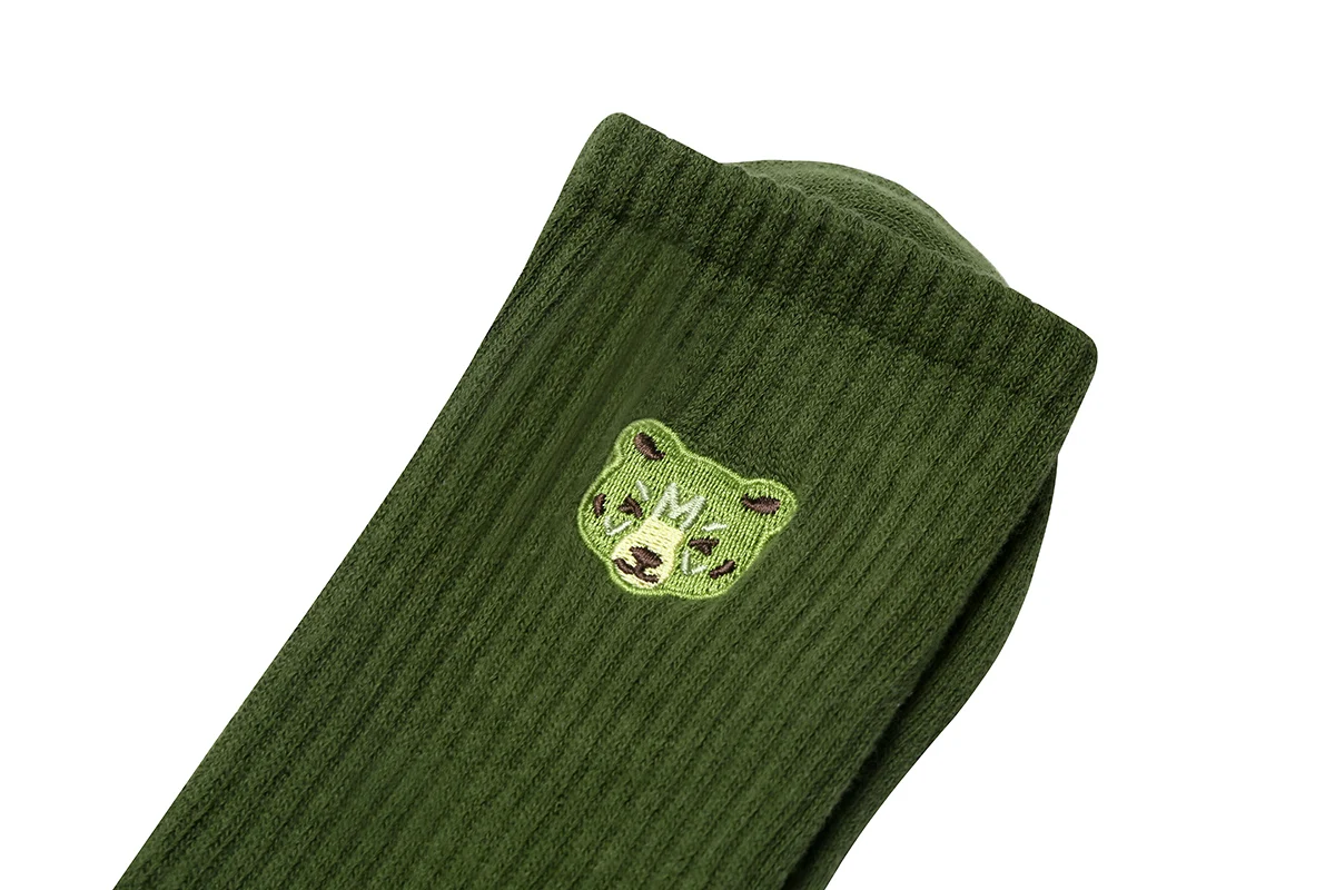 Top Quality One Pair Men Bear Head Embroidery Cotton Socks, High Quality Man Sporting WILDNESS Thick Socks, White/Army Green view 6