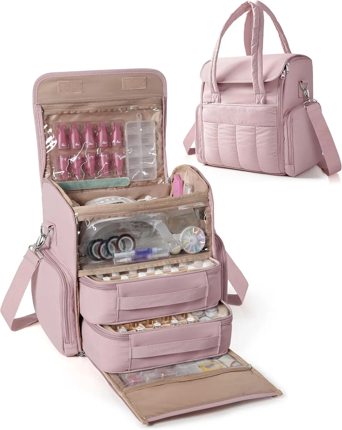 

Pink Nail Polish Organizer Bag Holds 70 Bottles & Lamp, Storage Case with Removable Bags and Pockets