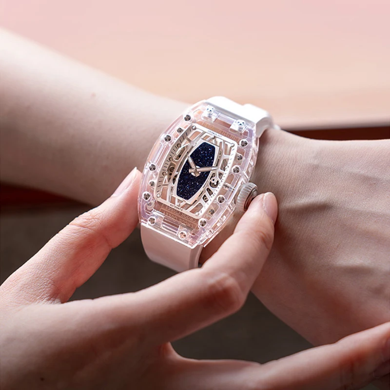 CRONUSART Women Automatic Watch 31.5mm Ladies Meachanical WristWatch Acrylic Tonneau Case Sapphire Mirror Skeleton Dial