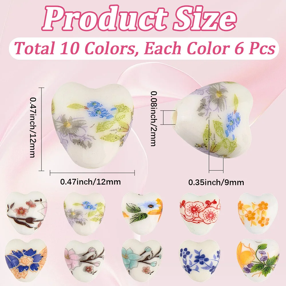 1 Box 60PCS Heart Shape Ceramic Beads with Holes Porcelain Colorful Flower Print Pattern Handmade Loose Spacer Beads Bulk