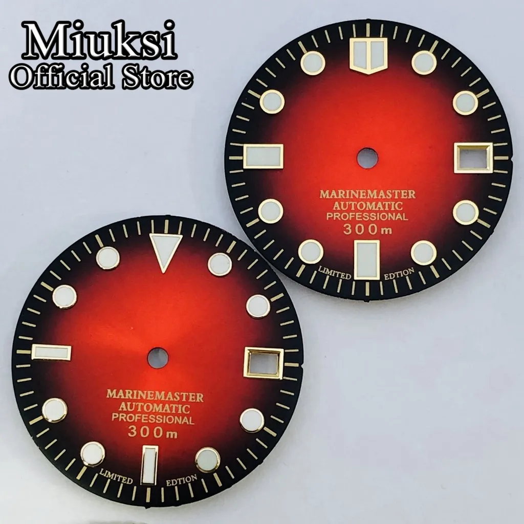 Miuksi 29mm black red watch dial green luminous dial fit NH35 movement fit 3 o\'clock crown 3.8 o\'clock crown