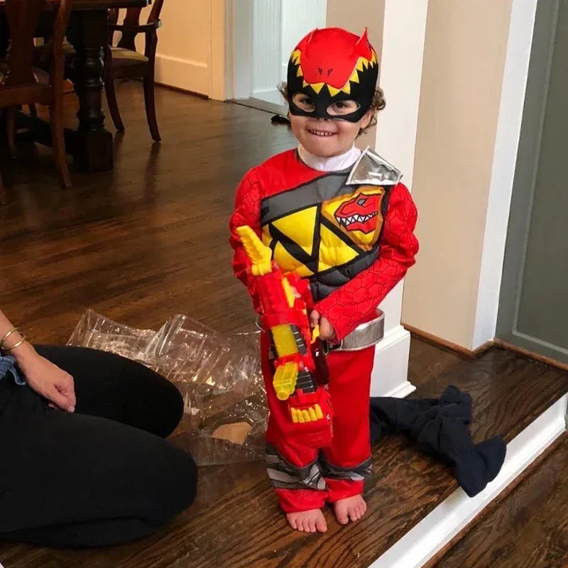 Dinosaur Team Red Power Dino Charge Ranger Superhero Muscle Jumpsuits Suits Cosplay Halloween Costume for Kids Child Headgear