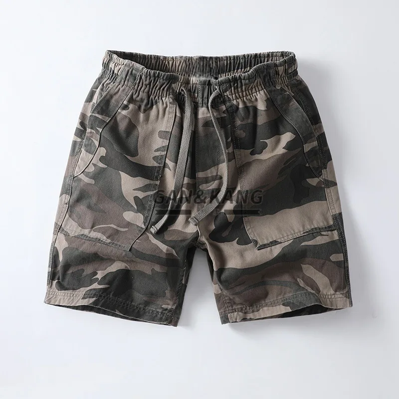 

Мужские летние хлопковые шорты в американском ретро-стиле, больших размеров, камуфляжные, с эластичным поясом, пляжные, повседневные.