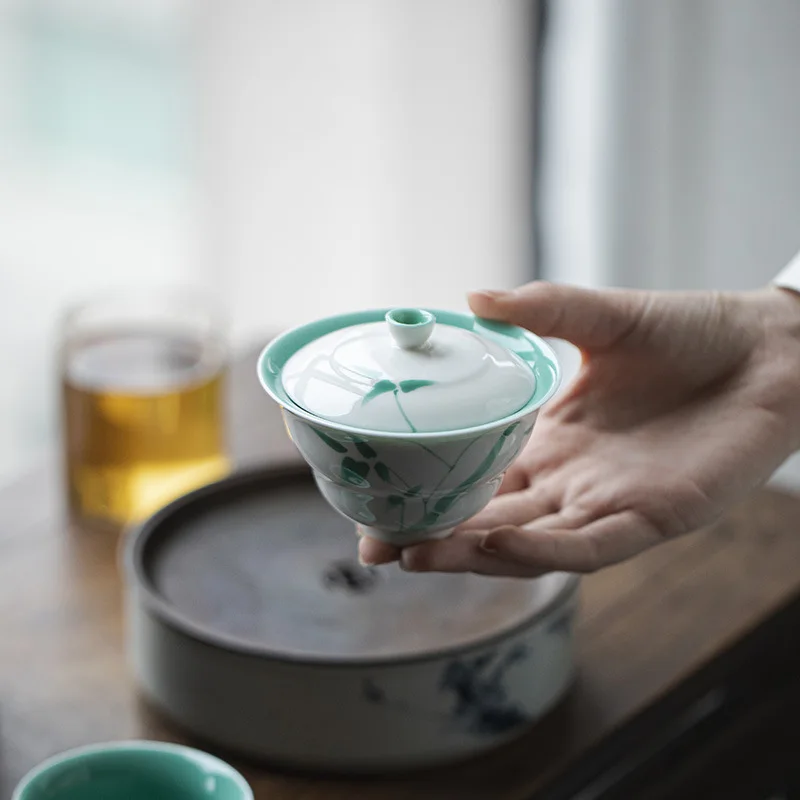 Jade Clay Hand-Painted Bamboo Ceramic Gaiwan Kung Fu Set Scholar Inner Glaze Turquoise Green Main Tea Bowl