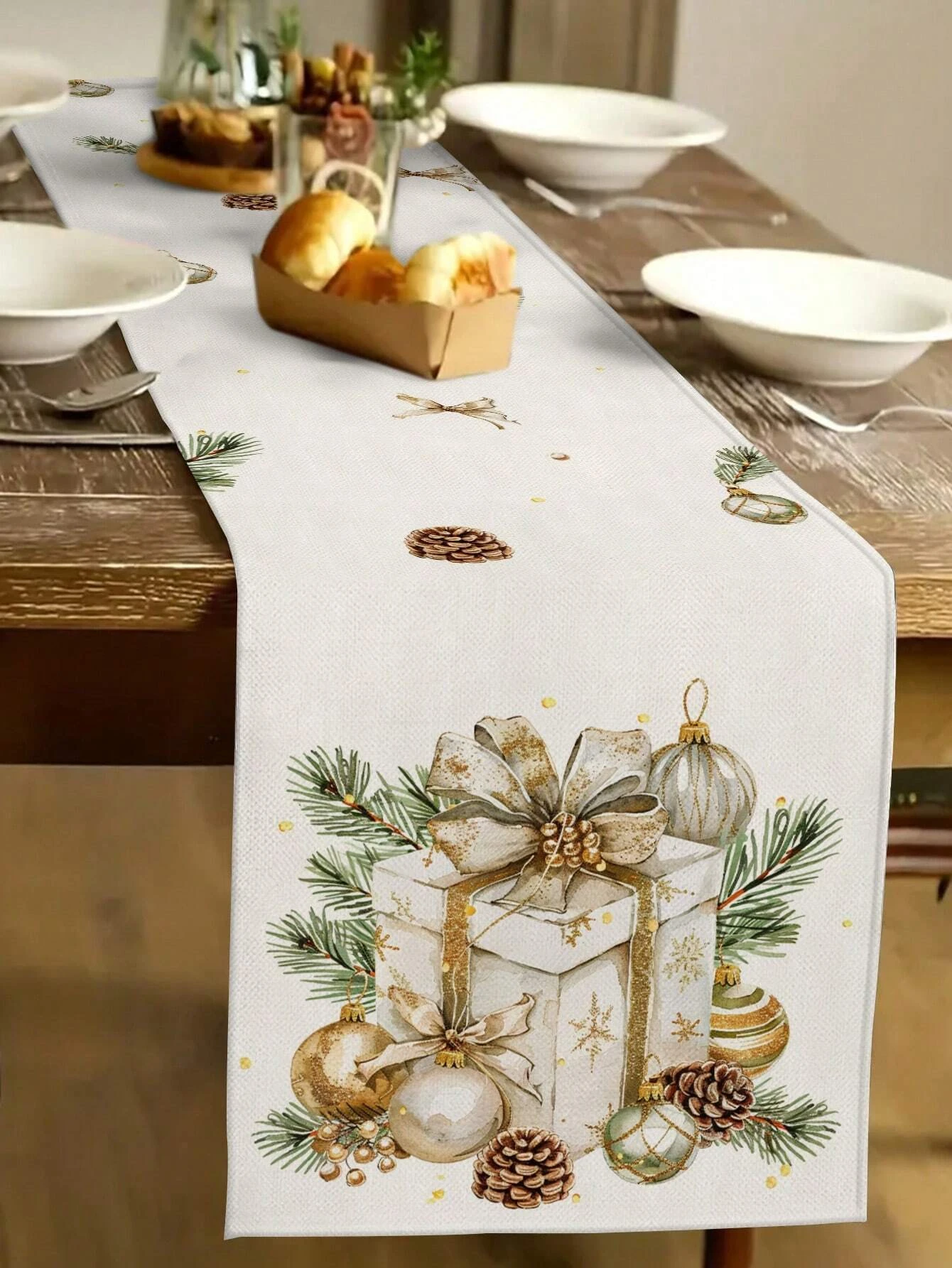 JIT 1pc Christmas Gift Pine Cone Table Runner Beige Gold Ornament Design For Holiday Dining Table Decor Elegant Durable
