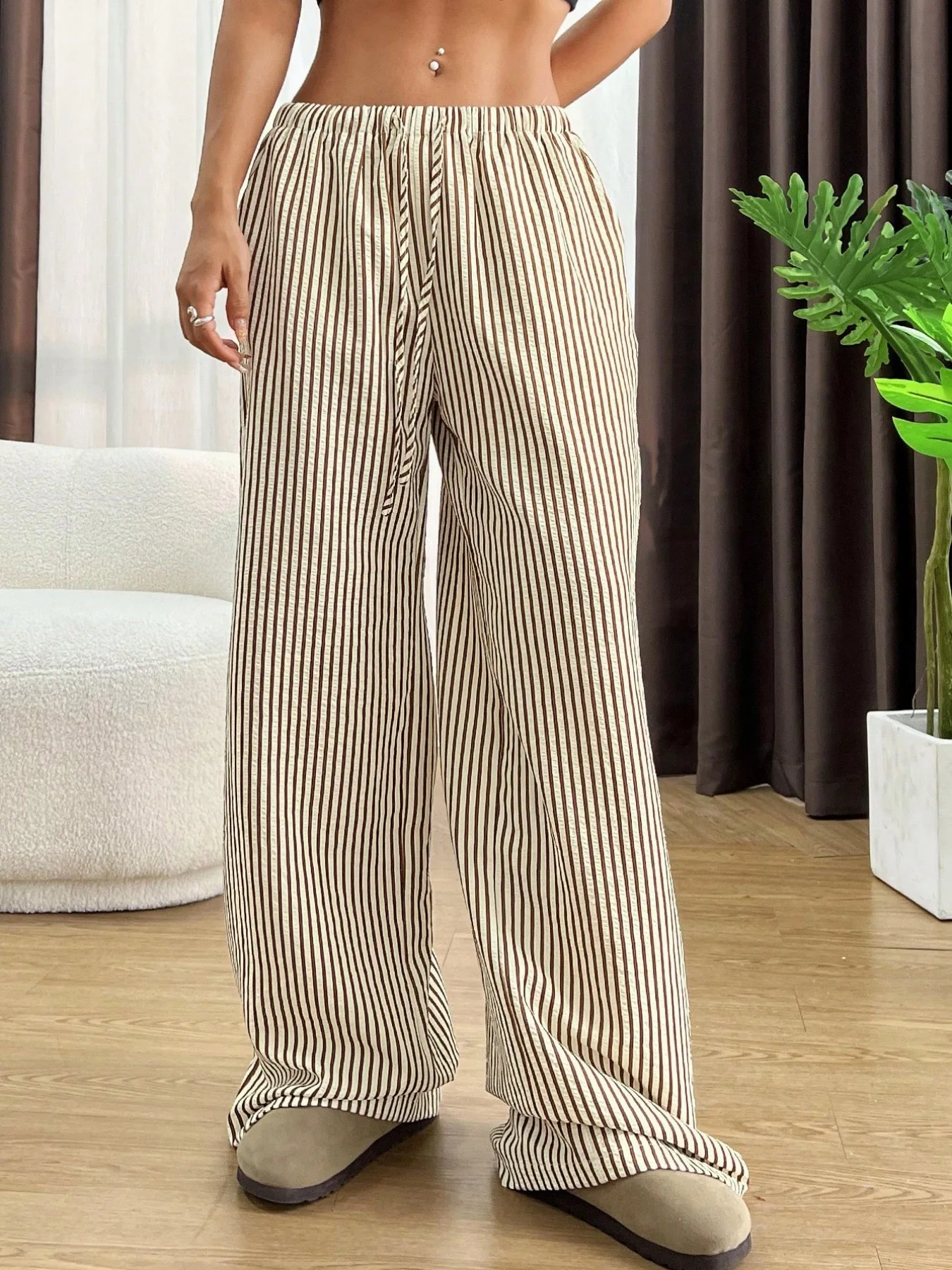 American Style Retro Vertical Stripe Drawstring Wide Leg Pants High Waist Dipping Loose Straight Casual Pants - Image 5